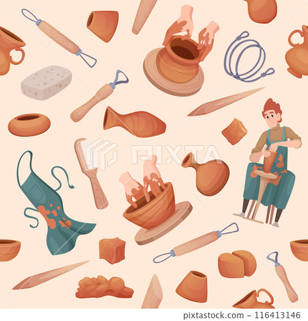 clay workshop. seamless backgrounds with clay masters making jugs decorative vector pattern 116413146