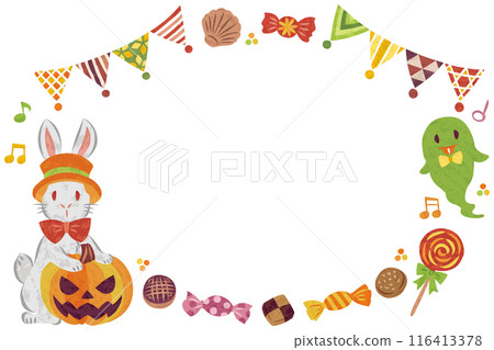 October Halloween costumed rabbit illustration round frame 116413378