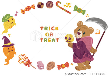 October Halloween Bear dressed as Grim Reaper Illustration material Round frame October Halloween Bear dressed as Grim Reaper Illustration material Round frame 116413380