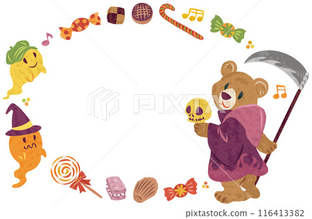 十月萬聖節熊打扮成死神插畫素材圓框 116413382