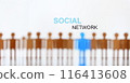 Social network sign above line of toy human figures 116413608