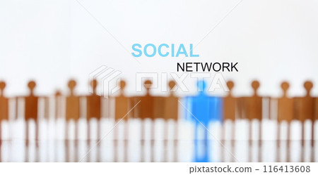 Social network sign above line of toy human figures 116413608