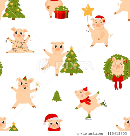 Pig seamless pattern. Funny pigs celebrating christmas and new year. Decorative print template for fabric or wrapping. Childish classy vector design Pig seamless pattern. Funny pigs celebrating christmas and new year. Decorative print template for fabric or wrapping. Childish classy vector design 116413803