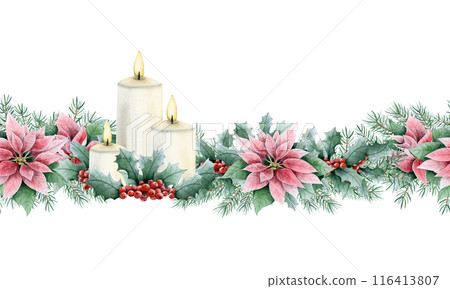 Christmas seamless border with candles, red holly berries and poinsettia flowers. Watercolor endless watercolor background for New Year holiday greeting cards and floral banners 116413807
