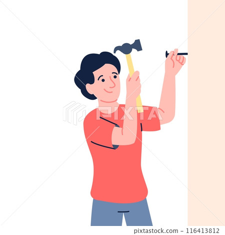 Man with hammer. Boy hammering nail in wall or wooden plank. Home repairing, new interior making process. Repair character recent vector scene 116413812