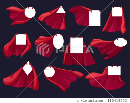 Red cape labels. Superhero flying cloaks with empty banners. Stickers for advertisements messages discount prices and information, nowaday vector templates 116413832