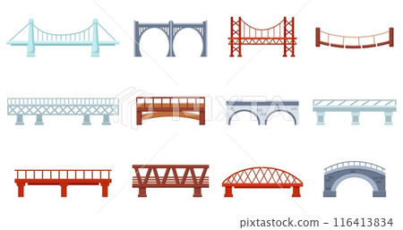 Cartoon bridges. Stone metal wooden bridge for urban and rural architecture. Railway tram span, urban industrial constructions nowaday vector set Cartoon bridges. Stone metal wooden bridge for urban and rural architecture. Railway tram span, urban industrial constructions nowaday vector set 116413834