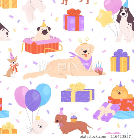 Party dogs seamless pattern. Birthday celebration fabric print design, pug in gift box. Positive puppies characters, pets celebrating, racy vector background 116413837