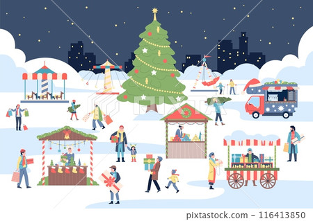 Christmas fair. Winter holiday market with vendors, carousel swing gifts and fir tree with toys. Outdoor new year party in park, people walking recent vector scene Christmas fair. Winter holiday market with vendors, carousel swing gifts and fir tree with toys. Outdoor new year party in park, people walking recent vector scene 116413850