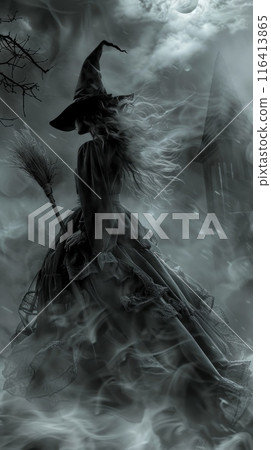 A mysterious witch flies over a haunted Halloween night, shrouded in mystery and surrounded by an eerie ambiance A mysterious witch flies over a haunted Halloween night, shrouded in mystery and surrounded by an eerie ambiance 116413865