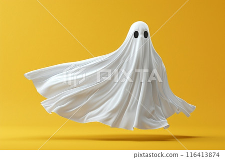 Floating ghost with white sheets and black eyes on an orange background, perfect for Halloween decor 116413874