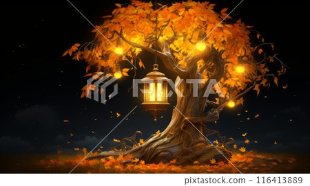 Enchanted Autumn Forest with Glowing Lantern, serene and mystical, warm light, falling leaves, ethereal aura 116413889