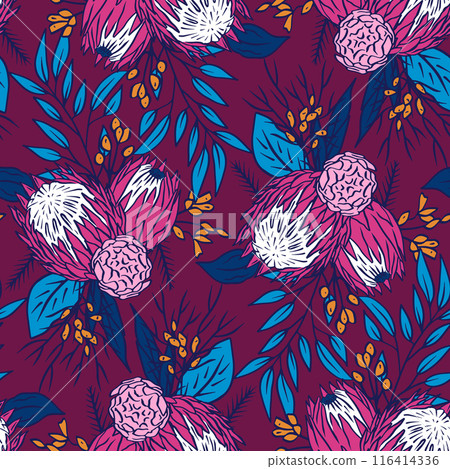 Seamless pattern with colorful protea flowers on purple background 116414336