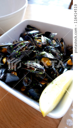 Steamed Mussels in white wine, herbs and lemon on white bowl, Steamed Mussels in white wine, herbs and lemon on white bowl, 116414519