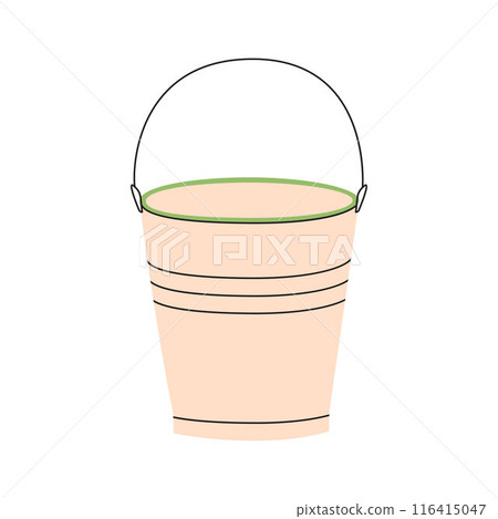 Flat enameled bucket with handle vector illustration. Metal aluminum bucketful for water carrying and household cleaning isolated Flat enameled bucket with handle vector illustration. Metal aluminum bucketful for water carrying and household cleaning isolated 116415047
