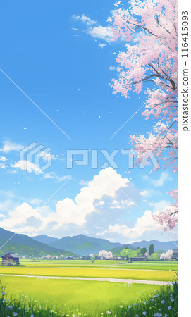 稻田裡盛開的一朵櫻花 AI 影像 116415093