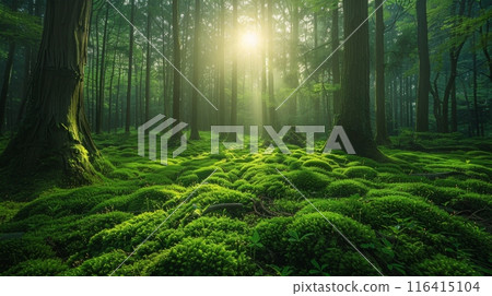 serene morning in a moss-covered forest, vibrant green moss serene morning in a moss-covered forest, vibrant green moss 116415104