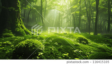 serene morning in a moss-covered forest, vibrant green moss 116415105