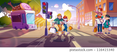People crossing city street on sunny day 116415340