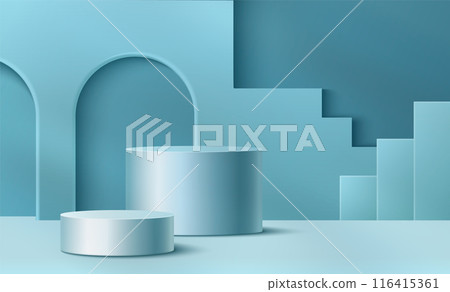 Stair podium with arch decoration on wall. 116415361