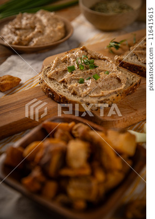 Tasty snack of bread with greaves Tasty snack of bread with greaves 116415615