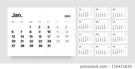Monthly calendar layout for 2025. Planner diary. Monthly calendar layout for 2025. Planner diary. 116415630