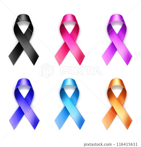 Six awareness ribbons in various colors, arranged in two rows. Vector Six awareness ribbons in various colors, arranged in two rows. Vector 116415631