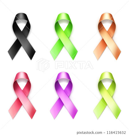 Six awareness ribbons in various colors, arranged in two rows. Vector Six awareness ribbons in various colors, arranged in two rows. Vector 116415632