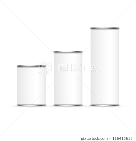 Three white, blank cylindrical cans in different sizes, standing upright. Vector Three white, blank cylindrical cans in different sizes, standing upright. Vector 116415635