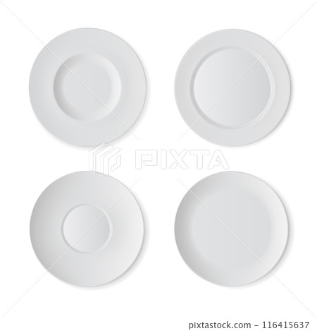 Four white, blank plates arranged in a square, top view. Vector 116415637