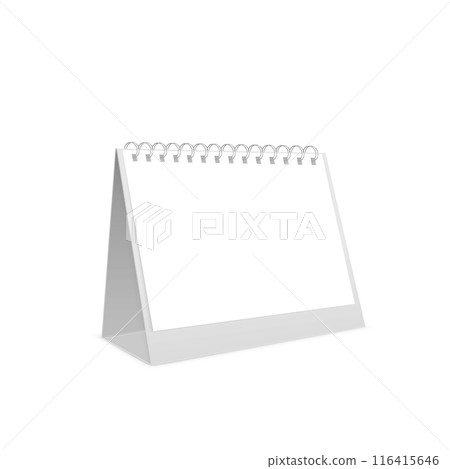 White, blank tabletop calendar standing upright with spiral binding. Vector 116415646