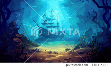 Sunken Royal Frigate Shipwreck Bottom of the Sea Sand Seaweed Coral Marine Life Underwater Adventure Exploration Cartoon Background Illustration 116415652
