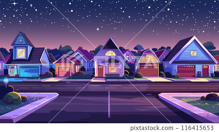 Suburban Houses Street with Cottages with Garages at Night Cartoon Game Background Residential Neighborhood Suburbia Community Nighttime Illumination Architecture Urban Landscape 116415653