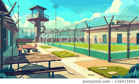 Prison Yard Sports Field Dining Tables Cartoon Game Background Detention Center Barbed Wire Fence Guard Towers Recreation Area Incarceration Facility 116415691