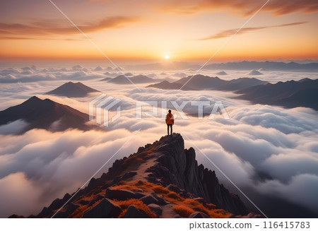 Lone Explorer at Sunrise Above the Clouds - Generated by AI 116415783