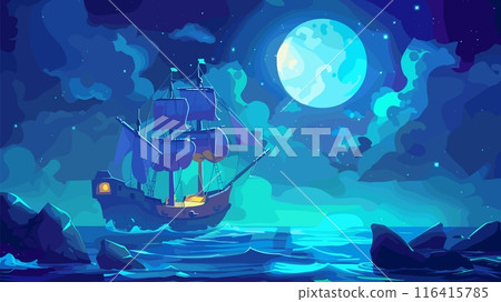 Frigate on the Night Sea Cartoon Game Background Adventure Ship Ocean Waves Stars Moon Night Sky Maritime Nautical Exploration Sailing Voyage Illustration Treasure Island Journey 116415785