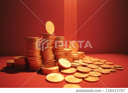 Stacks of Coins on a Red Background - Generated by AI Stacks of Coins on a Red Background - Generated by AI 116415787