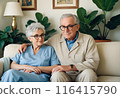 Elderly Couple Sitting Together on a Sofa - Generated by AI 116415790