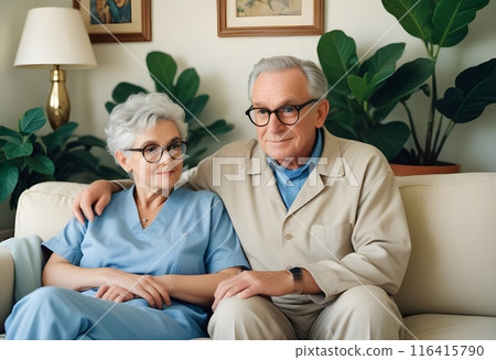 Elderly Couple Sitting Together on a Sofa - Generated by AI 116415790