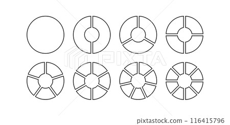 Circle division infographic icon set. Pie chart divided 6,7,8 equal parts. Pizza or donut round diagram. Infographic wheel segment and fraction. Vector illustration isolated on white background Circle division infographic icon set. Pie chart divided 6,7,8 equal parts. Pizza or donut round diagram. Infographic wheel segment and fraction. Vector illustration isolated on white background 116415796