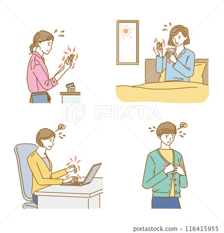 Menopausal symptoms in women: illustration set of stiffness, pain, and numbness in hands 116415955