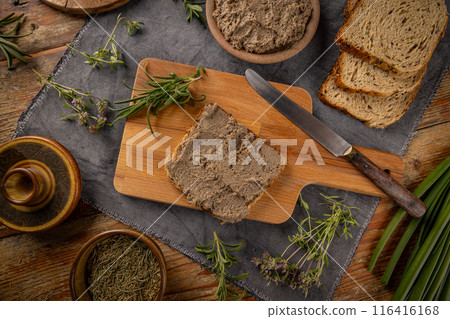 Top view of delicious homemade liver pate 116416168