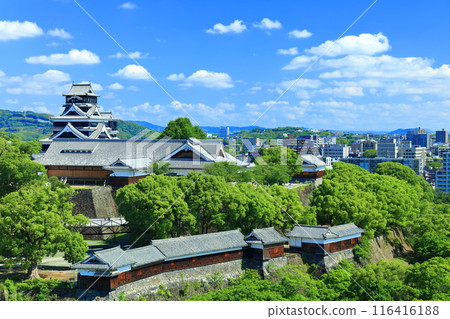 [Kumamoto Prefecture] Kumamoto Castle on a clear day (the castle tower, Honmaru Palace, and the Important Cultural Property turrets) 116416188