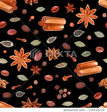 Star anise, cinnamon, cardamom, clove, black pepper, coffee watercolor seamless pattern on black. Spices with detailed texture. Perfect for kitchen textile, wrapping paper, bags, spice containers 116416219