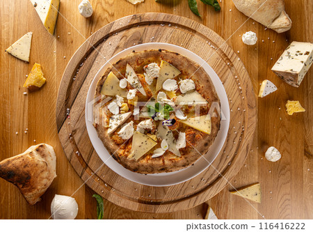 Gourmet artisanal four cheese pizza Gourmet artisanal four cheese pizza 116416222