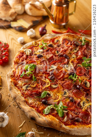 Mouthwatering pepperoni pizza Mouthwatering pepperoni pizza 116416223