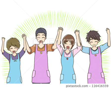 擔任護理人員或兒童保育員的男性和女性手牽手舉起雙手 116416339