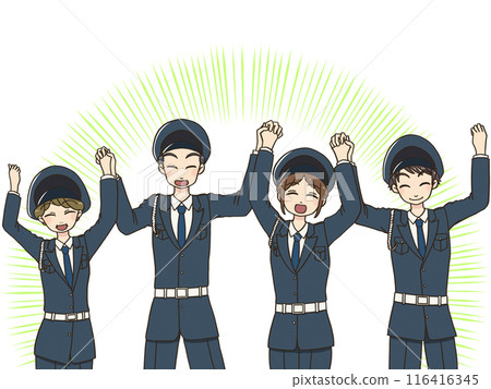 微笑的保安男女手牽手舉起雙手 116416345