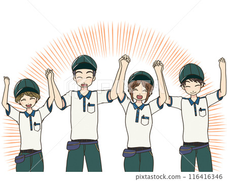 搬運行李的一男一女手牽手舉起雙手 116416346