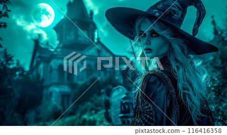 A dark and beautiful witch stands with an old castle in the background on Halloween night. The concept of mystery, enchantment, and the eerie atmosphere of Halloween. Generative AI. 116416358